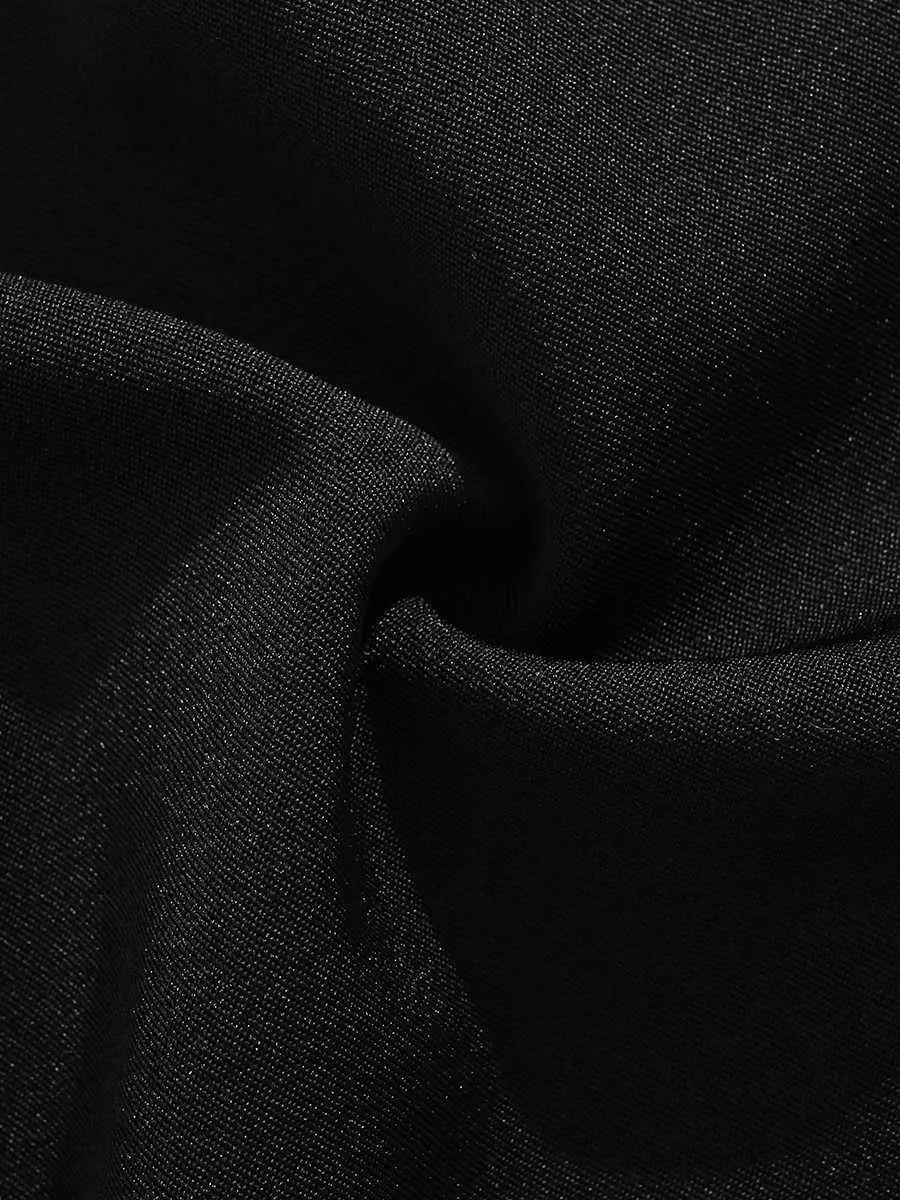 Men's black loose fit shorts with elastic waistband and zip fly in straight-leg design