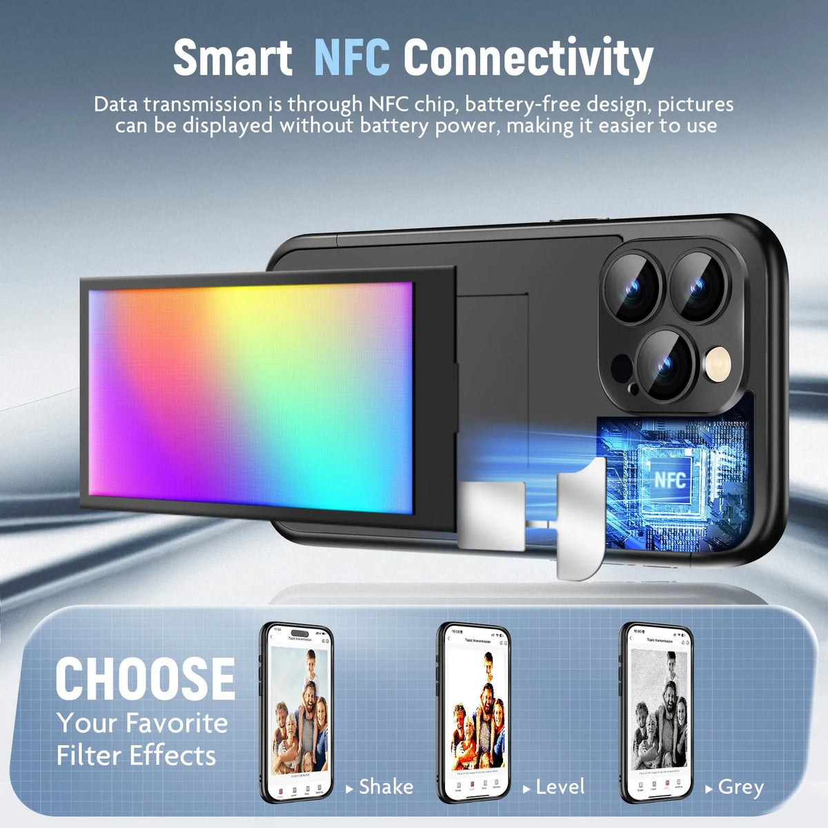 iPhone 15 Pro Max NFC ink screen flip phone case in black with DIY customisation elements visible