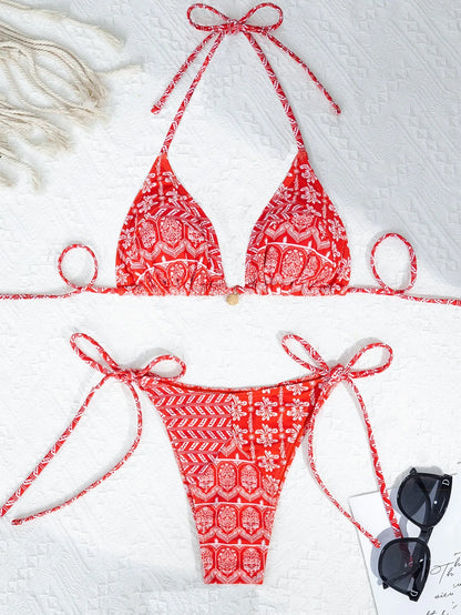 Women's bandage swimsuit with split bikini printing and stitching detail in polyester fabric