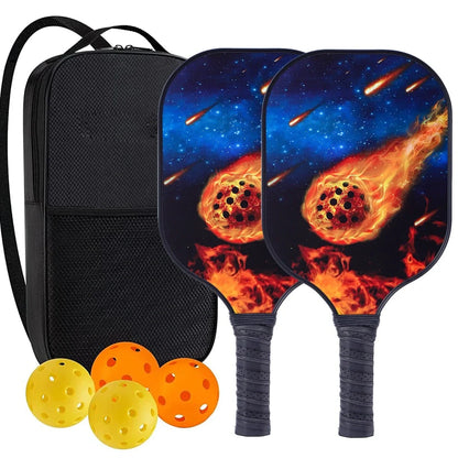 Peak Racket fibreglass squash set showing two rackets and four balls for complete playing equipment