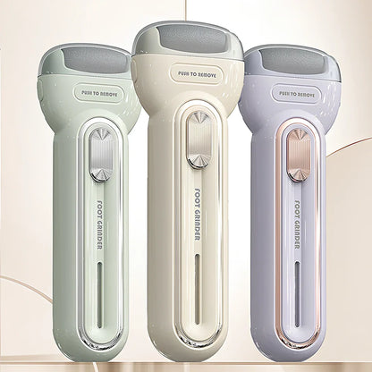 Electric foot grinder with three grinding heads in beige, green, and purple colour options