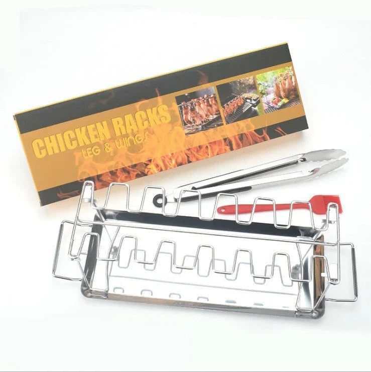 Versatile stainless steel BBQ rib rack with mesh clips, designed to accommodate a variety of chicken wings and legs for even, delicious grilling.