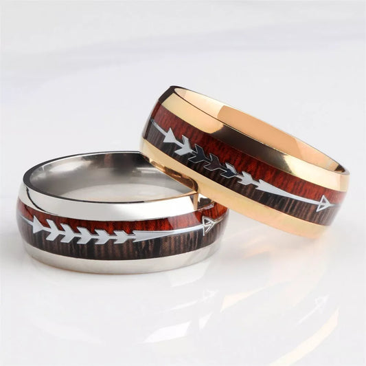 Stainless Steel Wood Grain Arrow Inlaid Ring for Men in black, rose gold, and silver