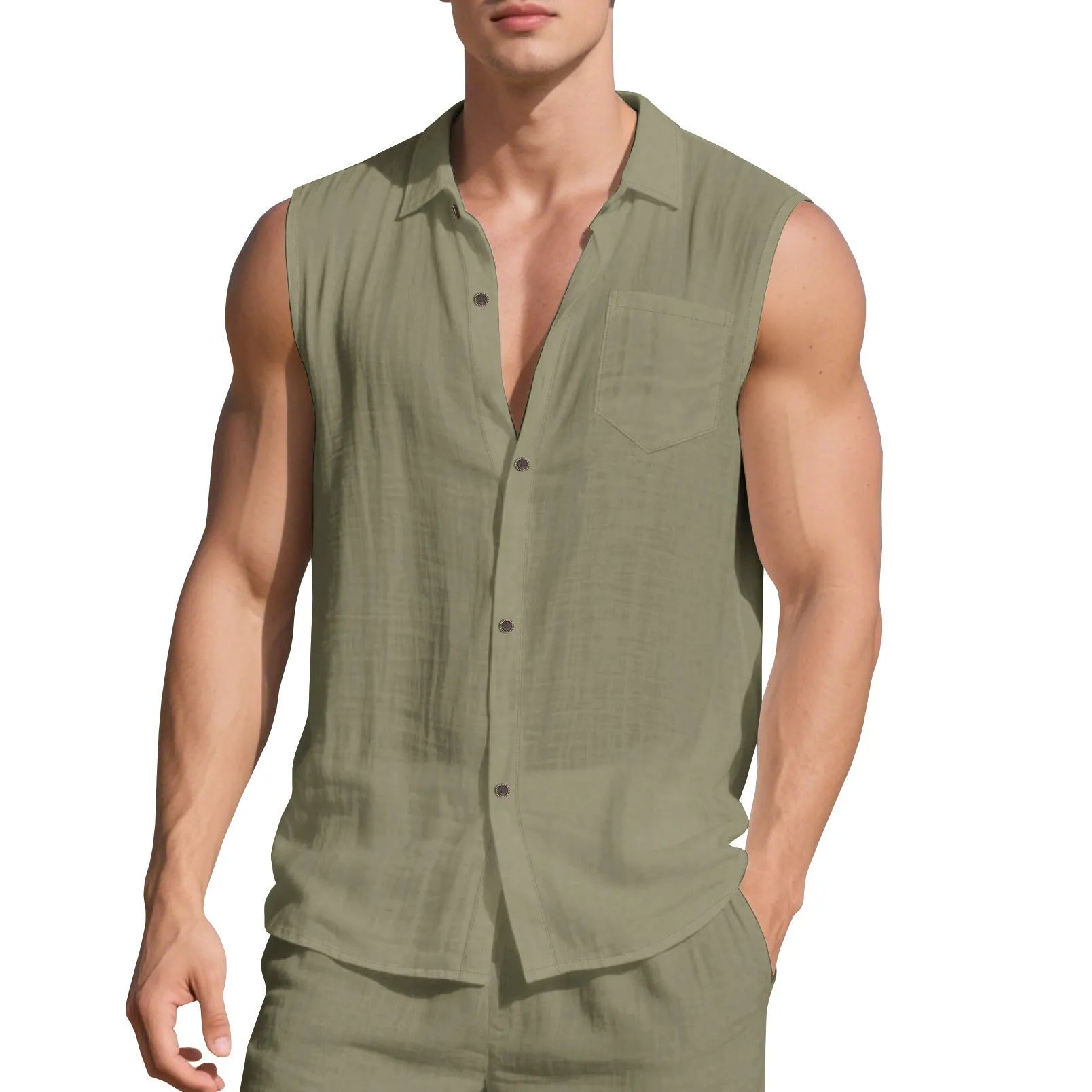 Loose-fit sleeveless linen cardigan vest with a polo collar in a solid colour on a hanger.