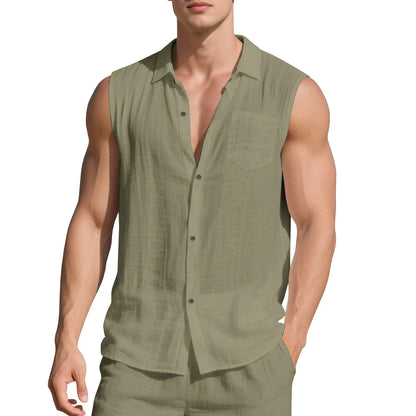 Loose-fit sleeveless linen cardigan vest with a polo collar in a solid colour on a hanger.
