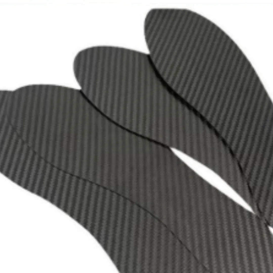 A pair of flat, black 3K full palm carbon fibre running insoles showing the textured weave.