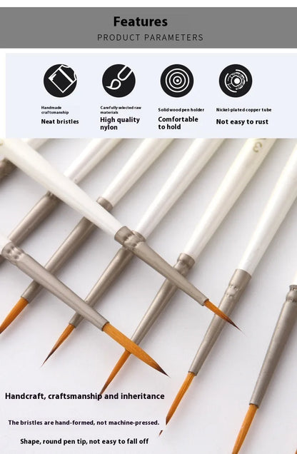 Set of 12 Pearl White nylon wool artist brushes in a solid wood pen holder, for watercolour and acrylic painting.