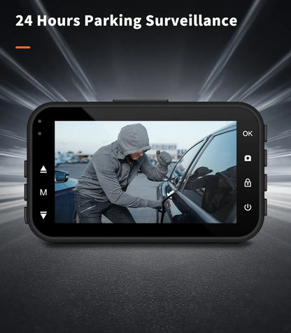 ThiEYE front and rear dash cam with 3-inch screen, suction cup mount, and rear waterproof camera.