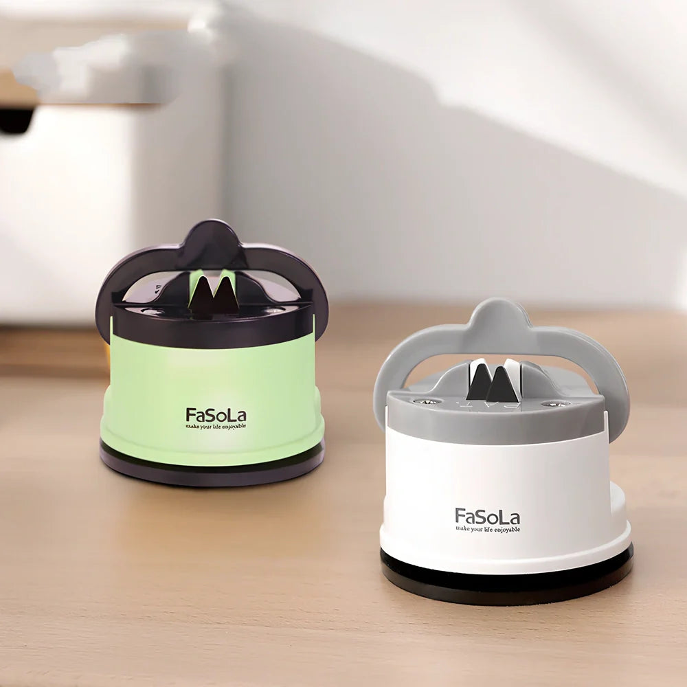 Fixed angle whetstone bar sharpener with tungsten steel slots and arrow indicators on mustard green ABS housing