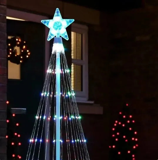 Multi-colour LED animated outdoor Christmas tree lights showing garden installation with 1.5m and 2m size options