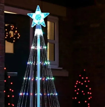 Multi-colour LED animated outdoor Christmas tree lights showing garden installation with 1.5m and 2m size options