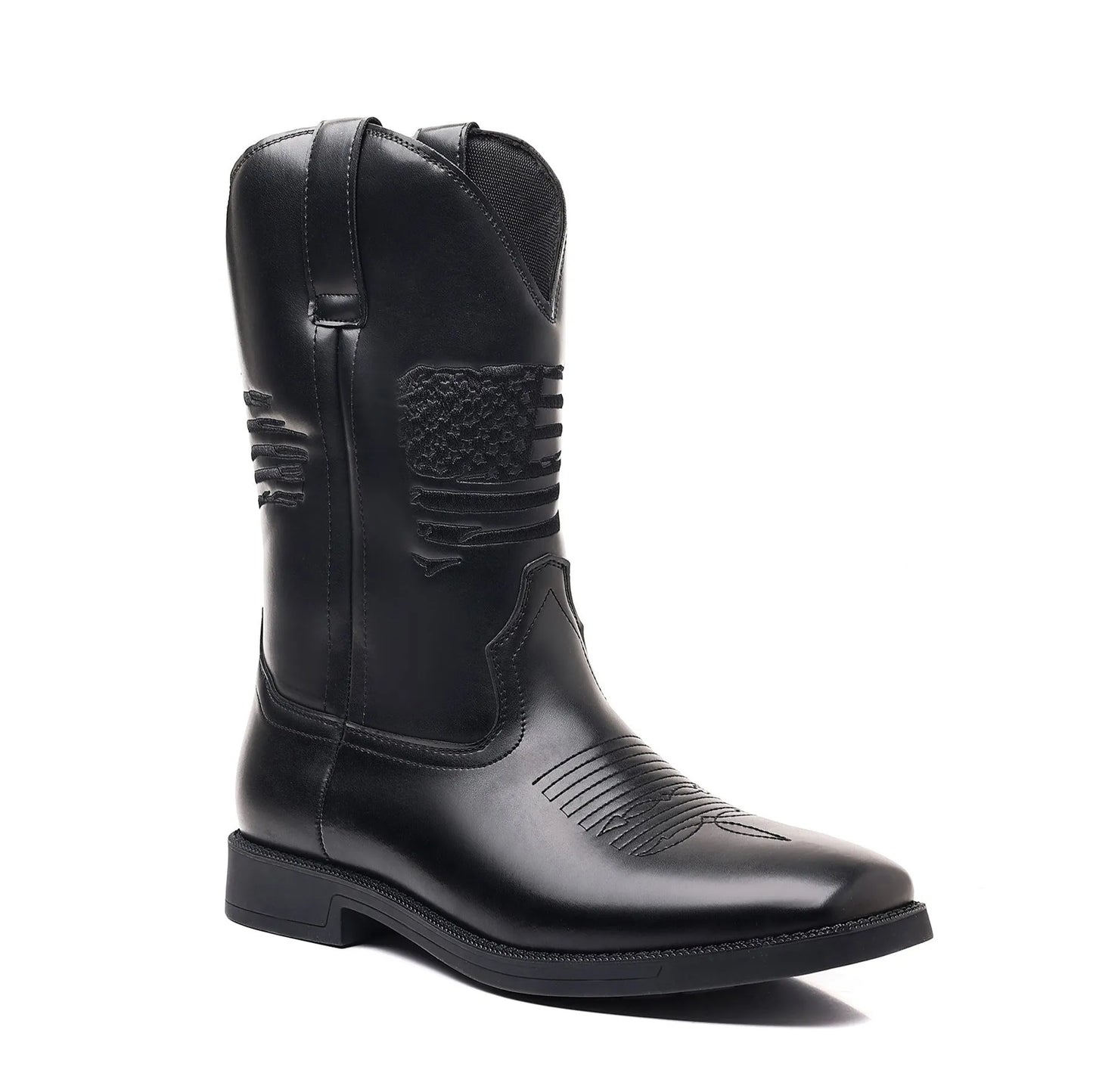 Men's brown embroidered retro wide head cowboy boots with a square toe and horseshoe heel.