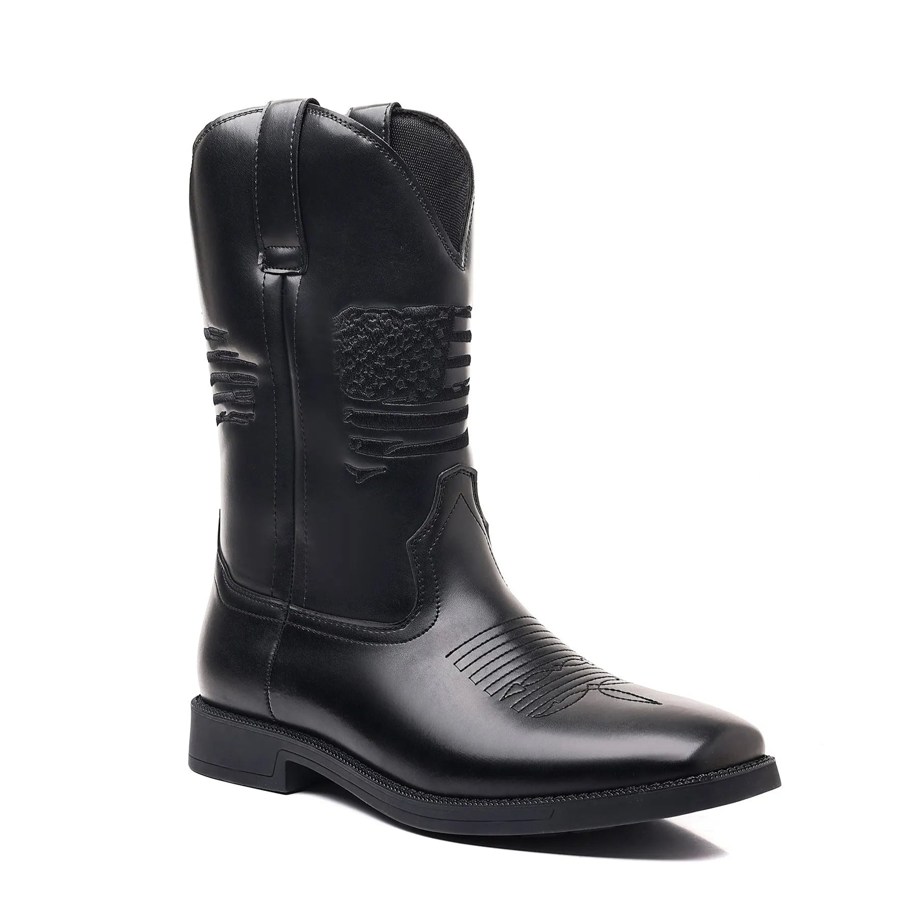 Men's brown embroidered retro wide head cowboy boots with a square toe and horseshoe heel.
