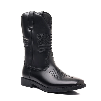 Men's brown embroidered retro wide head cowboy boots with a square toe and horseshoe heel.