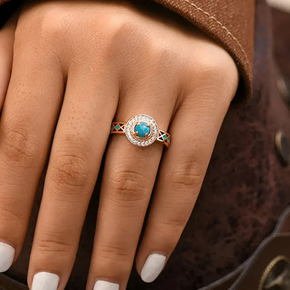 Rose gold turquoise ethnic style ring with geometric design and inlaid zircon detailing
