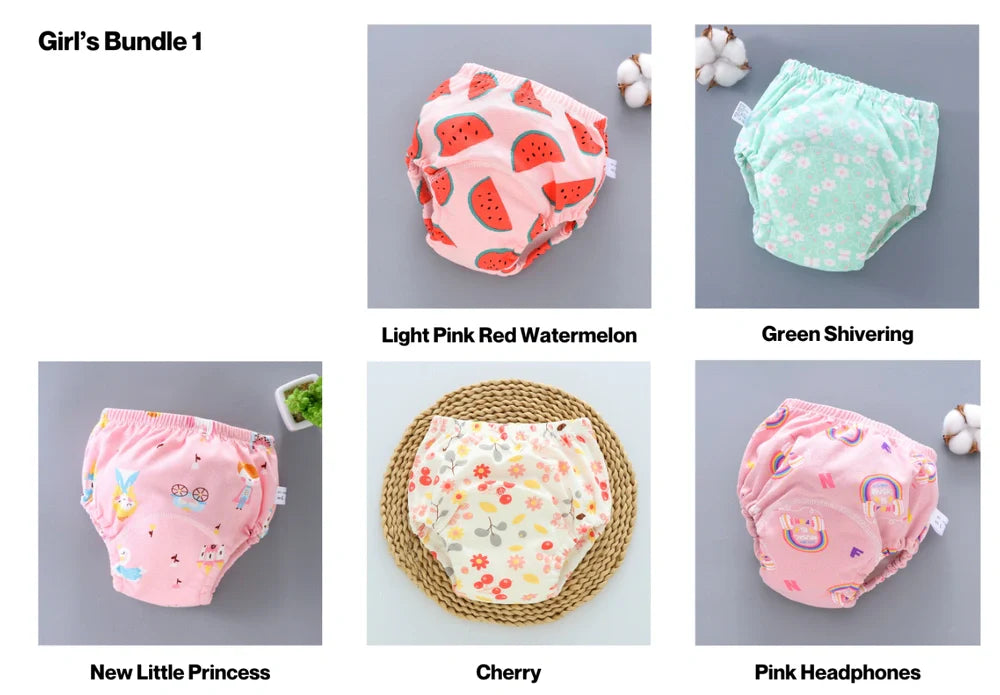 Washable baby training pants with 6-layer gauze construction in pure cotton, showing five colour options