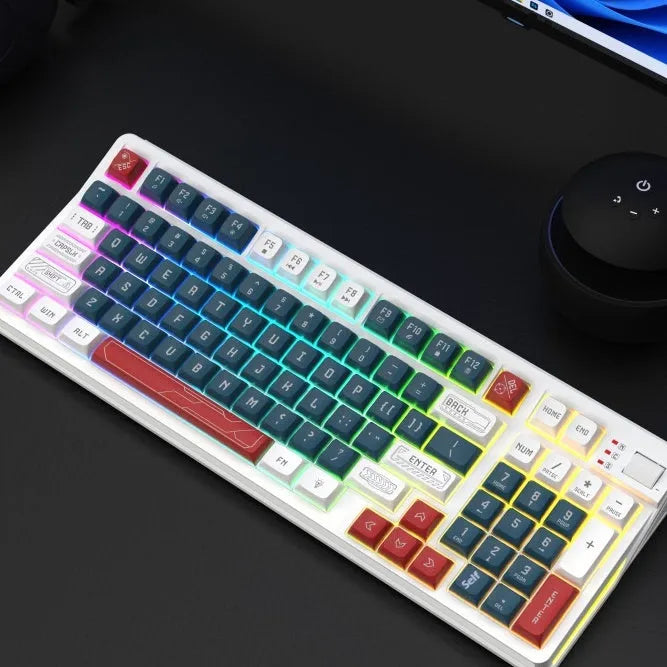 ABS plastic desktop computer keyboard with luminous backlighting in a choice of four colour combinations.