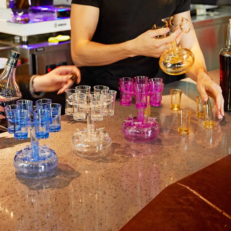 Glass dispenser holder rack for 6 shot glasses, wine whisky beer dispenser bar accessory drinking party games, transparent PMMA material with removable pourer covers, 14cm diameter 15cm height