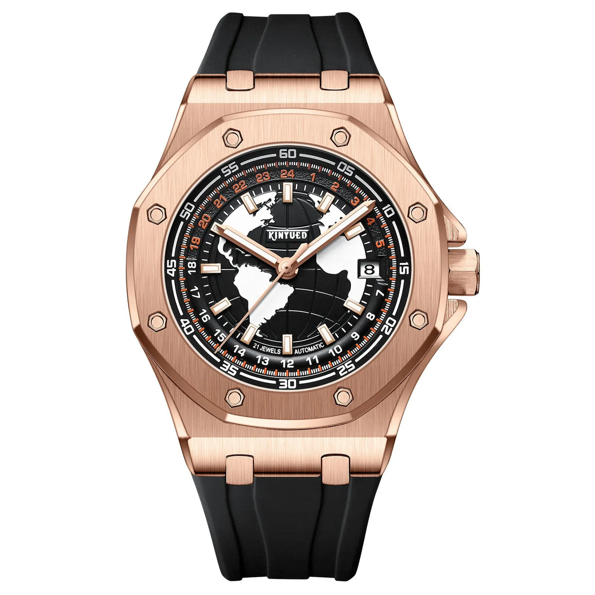 Automatic men's hollow mechanical watch with stainless steel strap, round alloy case, 30m waterproof, Black Blue Orange