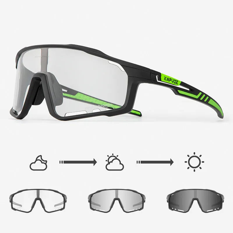 Photochromic cycling sports goggles with a semi-rimless TR90 frame and adaptive tint lens.