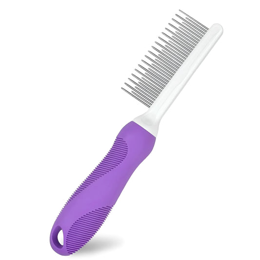 Purple detangling pet comb with stainless steel teeth for grooming dogs and cats, showing ergonomic handle.