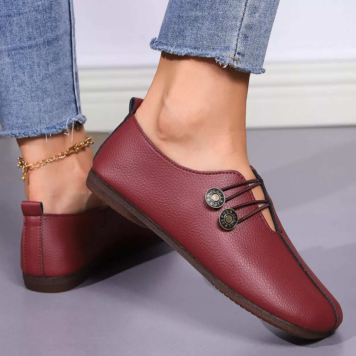 Women's square toe slip-on loafers with button detail in beige, black, and wine red