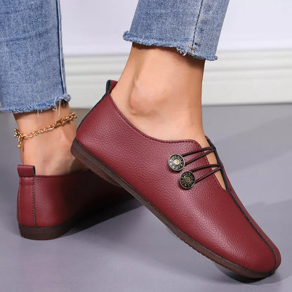 Women's square toe slip-on loafers with button detail in beige, black, and wine red