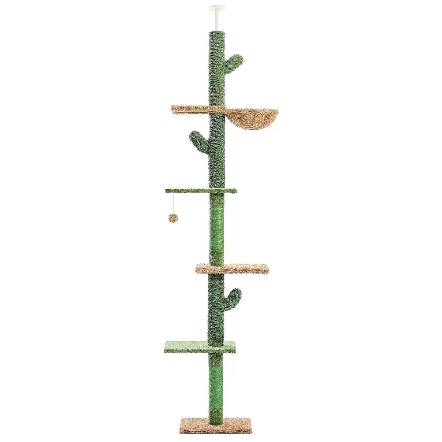 Solid wood cat climbing frame with integrated scratch board and cat nest measuring 240cm tall