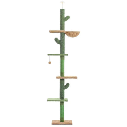 Solid wood cat climbing frame with integrated scratch board and cat nest measuring 240cm tall