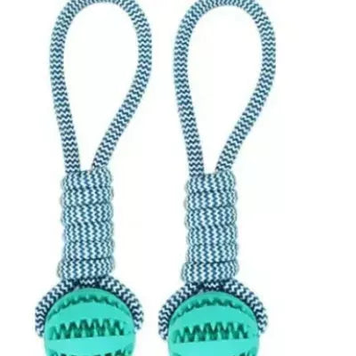 Interactive dog chew toy with rubber ball and cotton rope for dental health
