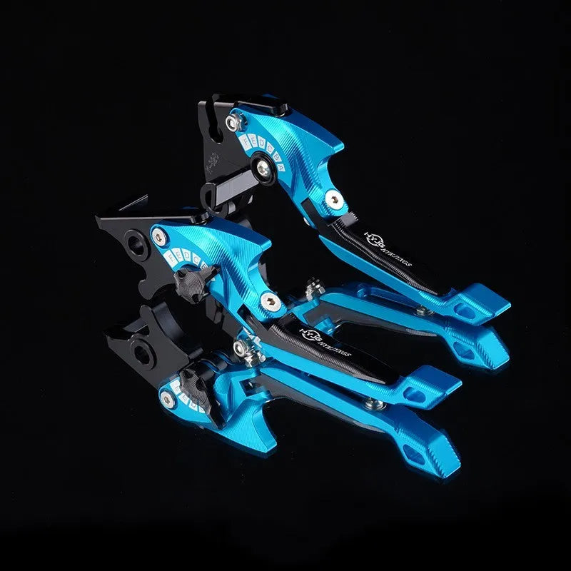 Motorcycle horn handle brake and clutch lever set in anodised metal with adjustable mechanism