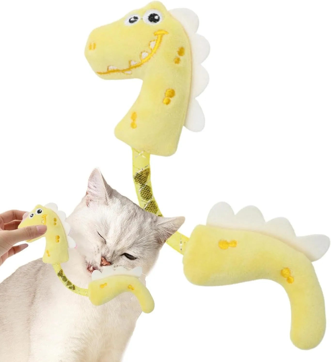 Set of four colourful plush cat toys: a fish, a mouse, a bunny, and a knotted rope, on a neutral background.