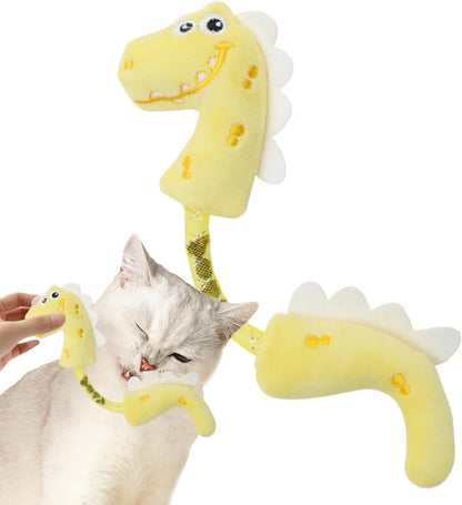 Set of four colourful plush cat toys: a fish, a mouse, a bunny, and a knotted rope, on a neutral background.