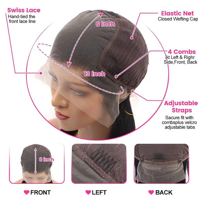 Black straight human hair wig with 13x6 lace front shown at various lengths