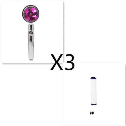 Chrome-finished ABS plastic water-saving shower head with a round, rotating spray head.