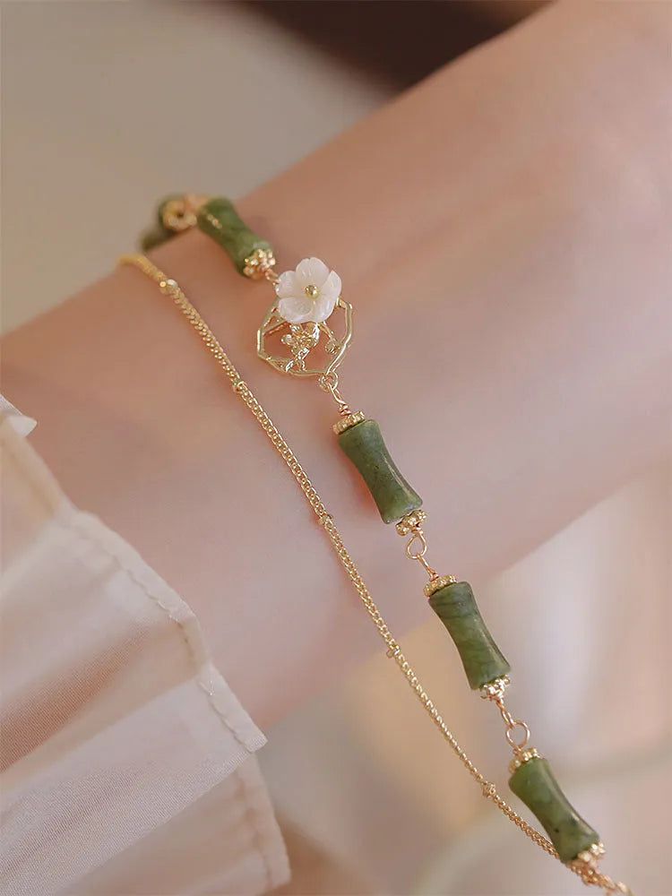Natural Olivine Bracelet Chinese Double Layer Twin Bells Of Ireland Women's Manual Crafting Pastoral Style Silver Tone Beaded Bracelet Olive Branch Charm