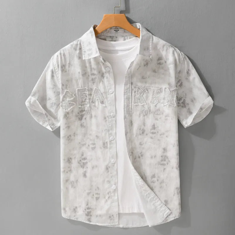 Men's grey white pure cotton short sleeve cardigan with a loose fit and printed pattern.