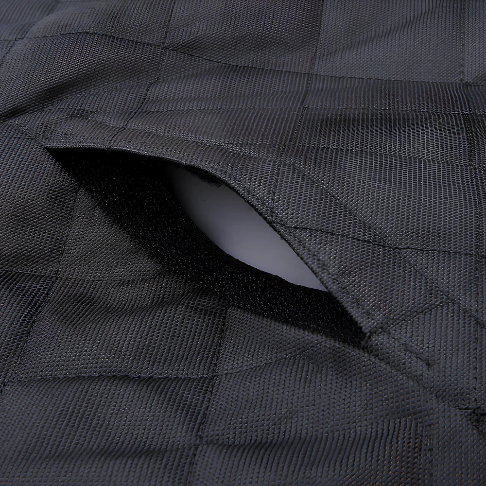 Waterproof dog car seat cover showing 137×147cm dimensions and safety exit design with car seatbelt buckle