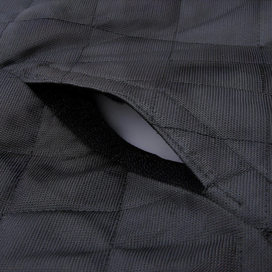 Waterproof dog car seat cover showing 137×147cm dimensions and safety exit design with car seatbelt buckle