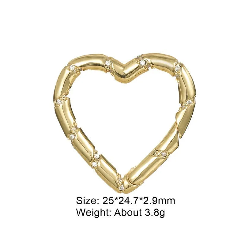Copper heart-shaped climbing button with gold plating and zircon detail, measuring 1.5cm