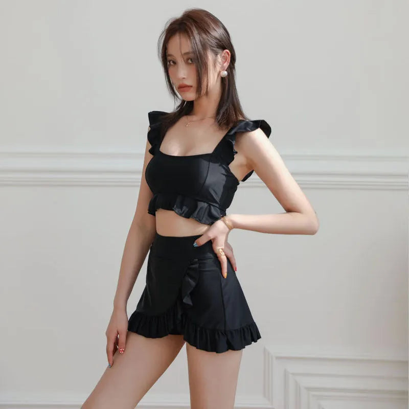 Black nylon women's split swimsuit bikini in briefs style for swimming