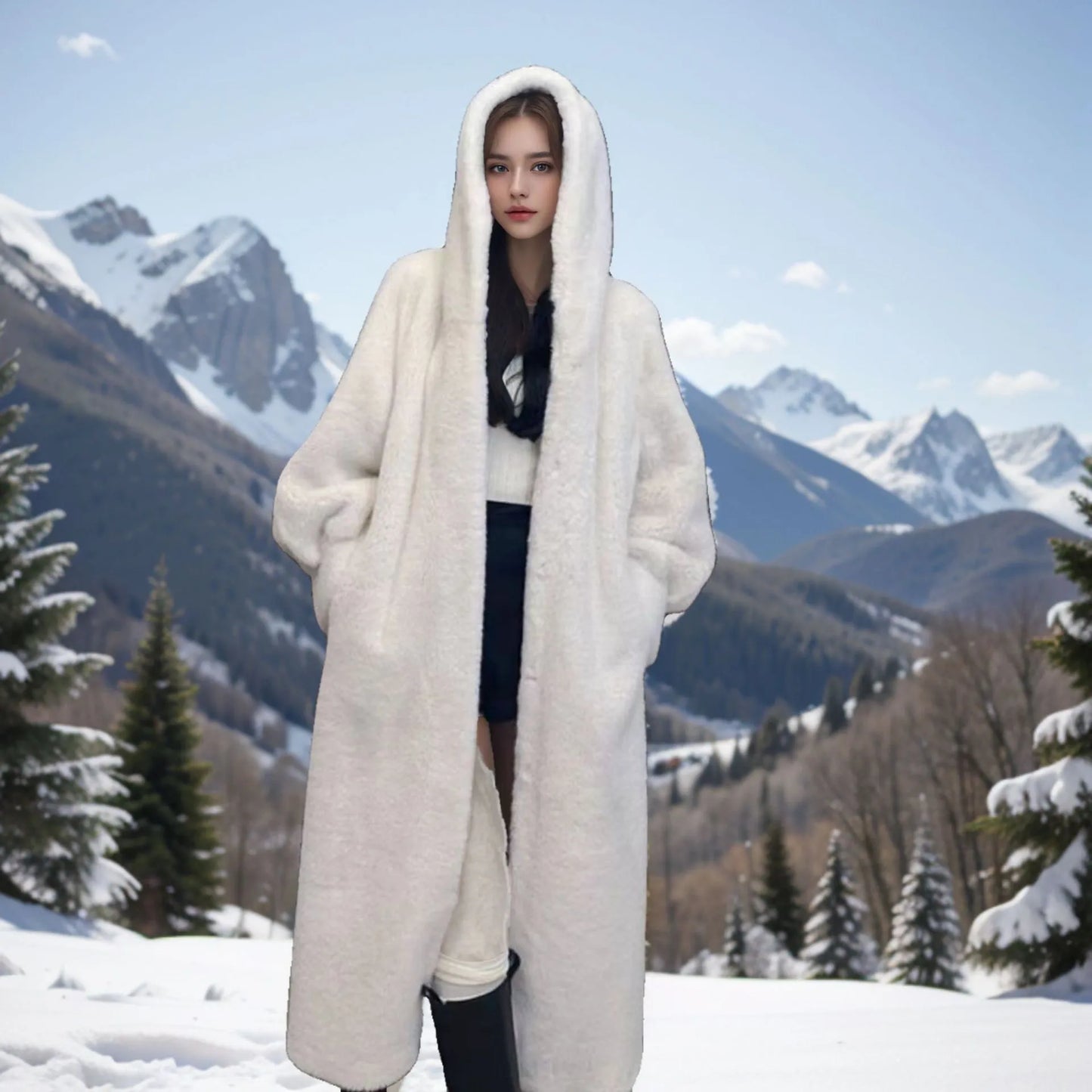 Brown leopard print faux fur coat with regular sleeves, 100cm length, plus size outerwear