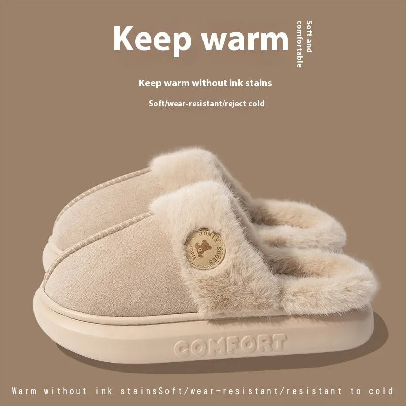 Thick-soled fleece indoor slippers with non-slip PVC sole in various colours