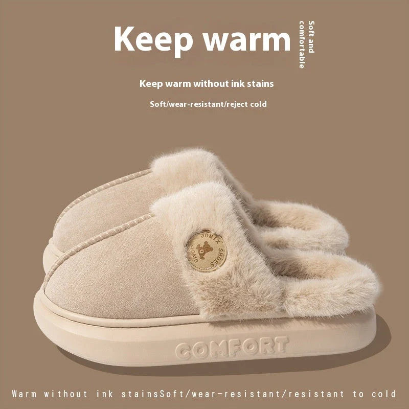 Cozy fleece-lined slippers in various colors, featuring a plush lining and non-slip PVC sole for indoor and outdoor wear