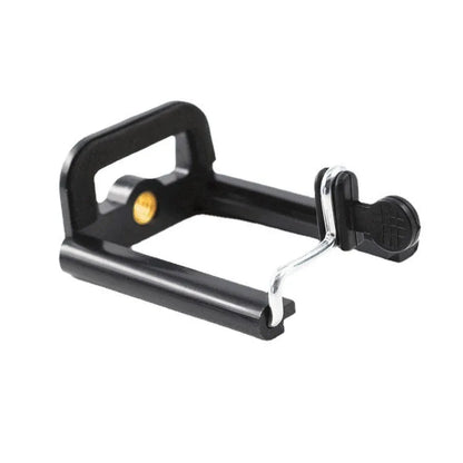 Black plastic U clip mobile phone holder attached to a hose, measuring 8cm by 5cm