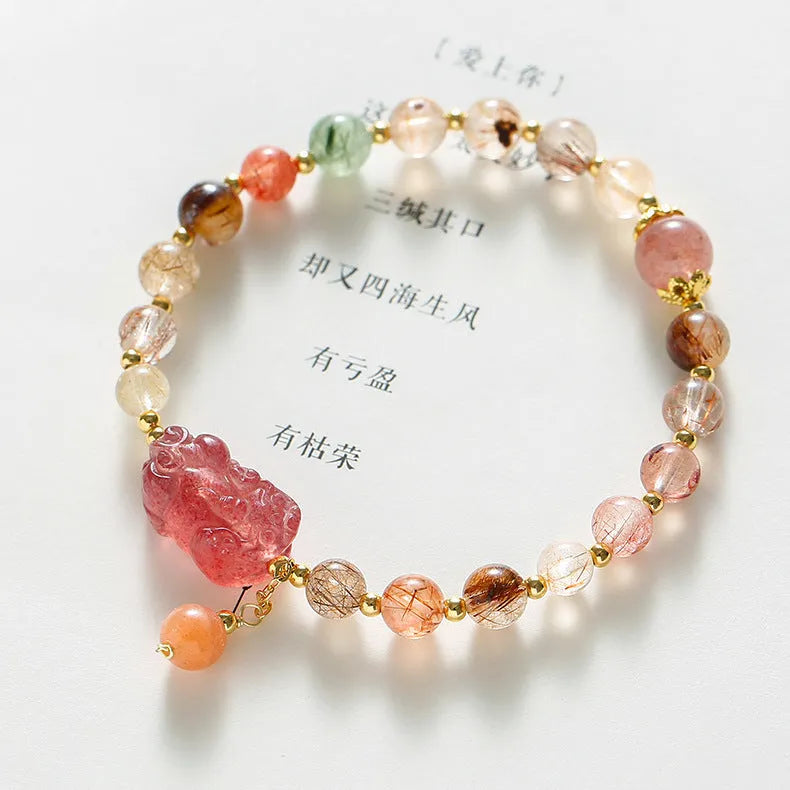 Strawberry quartz crystal bracelet with copper chain, Pixiu charm, and natural pearls in dopamine crystal colour