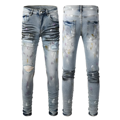 Men's light blue ripped slim fit jeans with tapered leg, double layer belt and zipper fly, sizes 28-40.