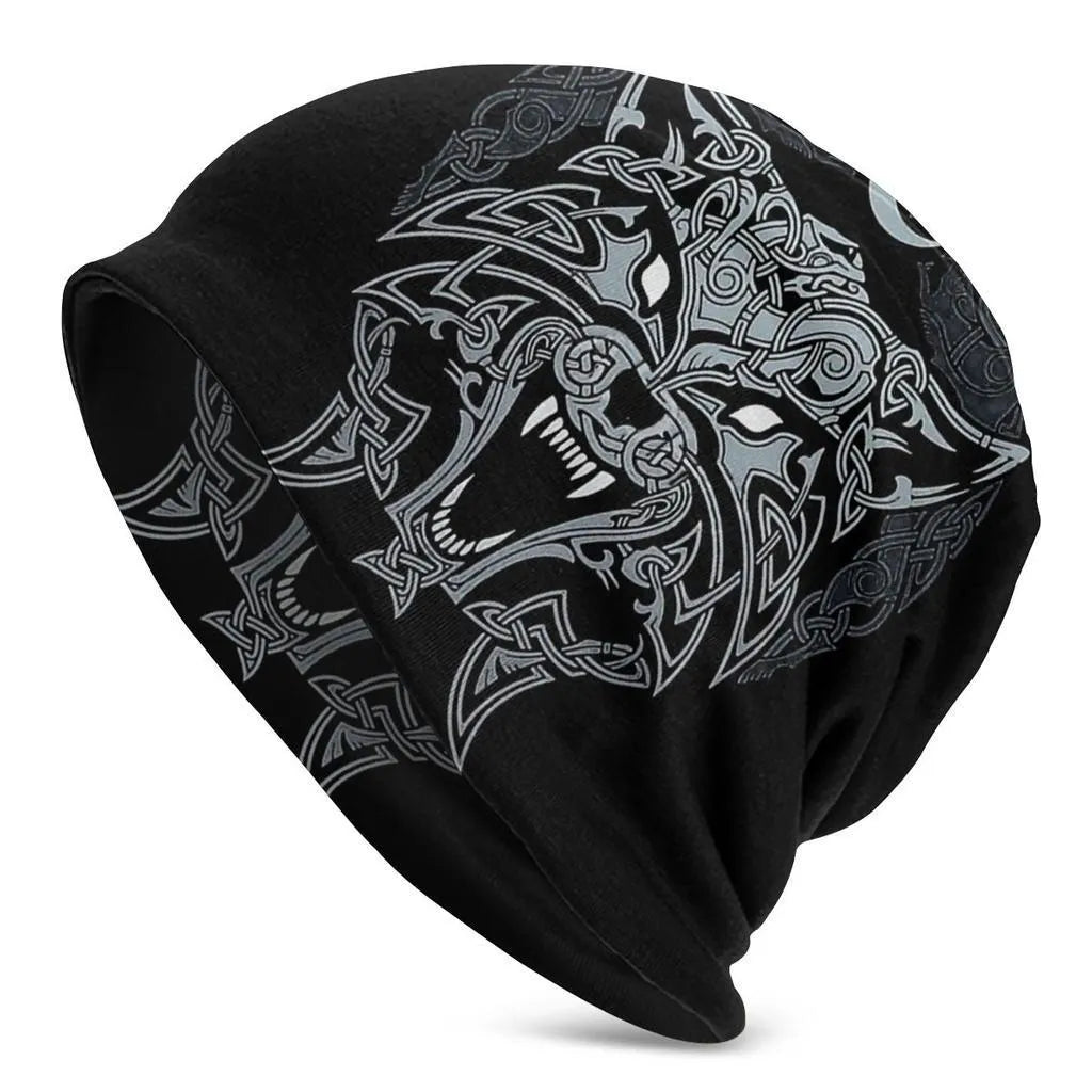 A black cotton hat with a white Viking wolf graphic and an elasticated sleeve cap construction.