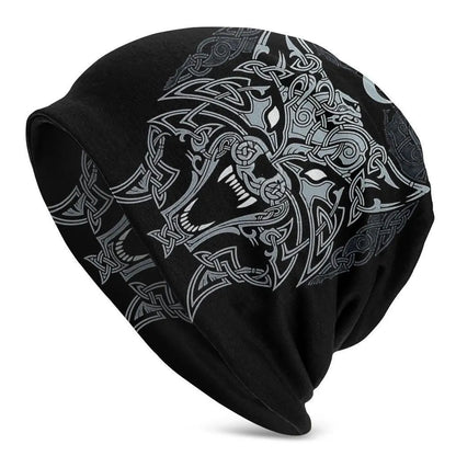 A black cotton hat with a white Viking wolf graphic and an elasticated sleeve cap construction.