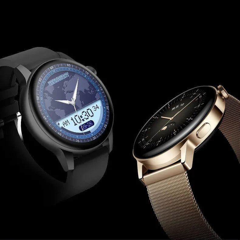 Smart watch with a 1.30-inch HD colour touchscreen, stainless steel body, and Bluetooth 5.2 connectivity, designed for iOS and Android smartphones, available in black, pink, or silver finishes